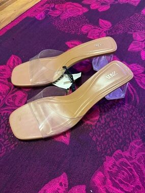 ZARA Clear Strap Tan Block Heel Mules Size 9 / 40